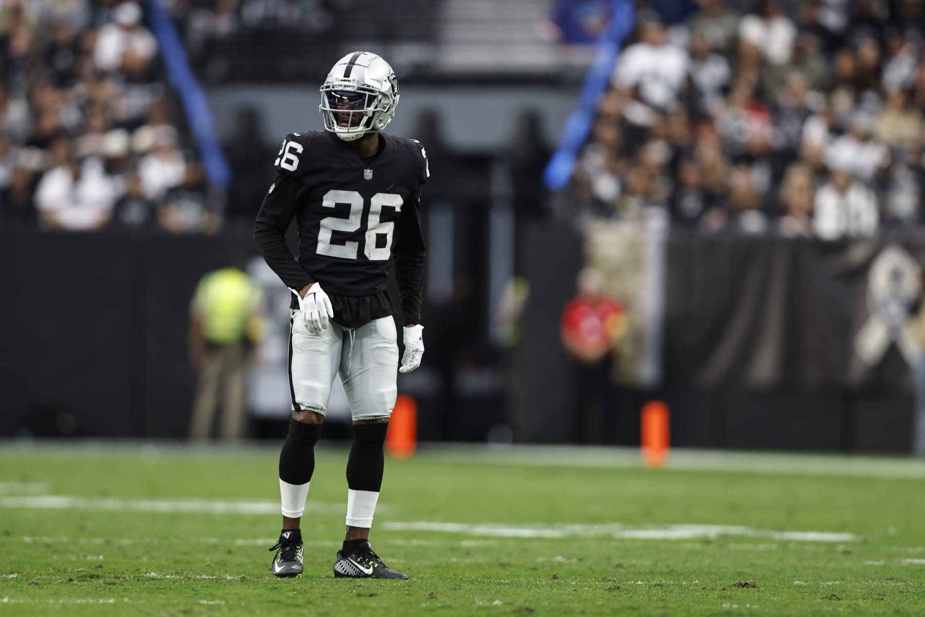 LAS VEGAS, NEVADA - NOVEMBER 13: Rock Ya-Sin #26 of the Las Vegas Raiders looks on during an NFL game between the Las Vegas Raiders and the Indianapolis Colts at Allegiant Stadium on November 13, 2022 in Las Vegas, Nevada. (Photo by Michael Owens/Getty Images)